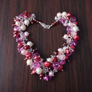Valentine's Day Cluster Bracelet with Pearls Garnets and Morganite